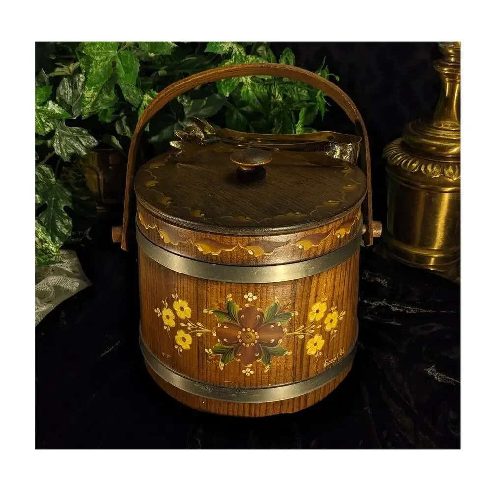 Vintage Norwegian Rosemaling Ice Bucket Hand Paint Signed Folk Art Tole Wood COA